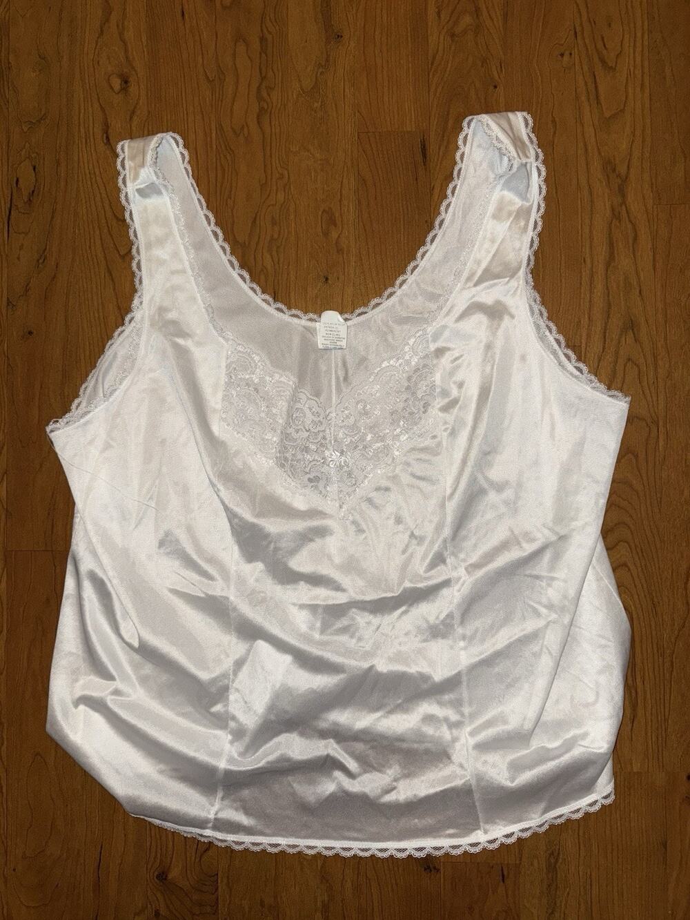 VTG Sears White Silky Tank Lingerie Top Lace Sleeveless Bow Bridal Sz 44